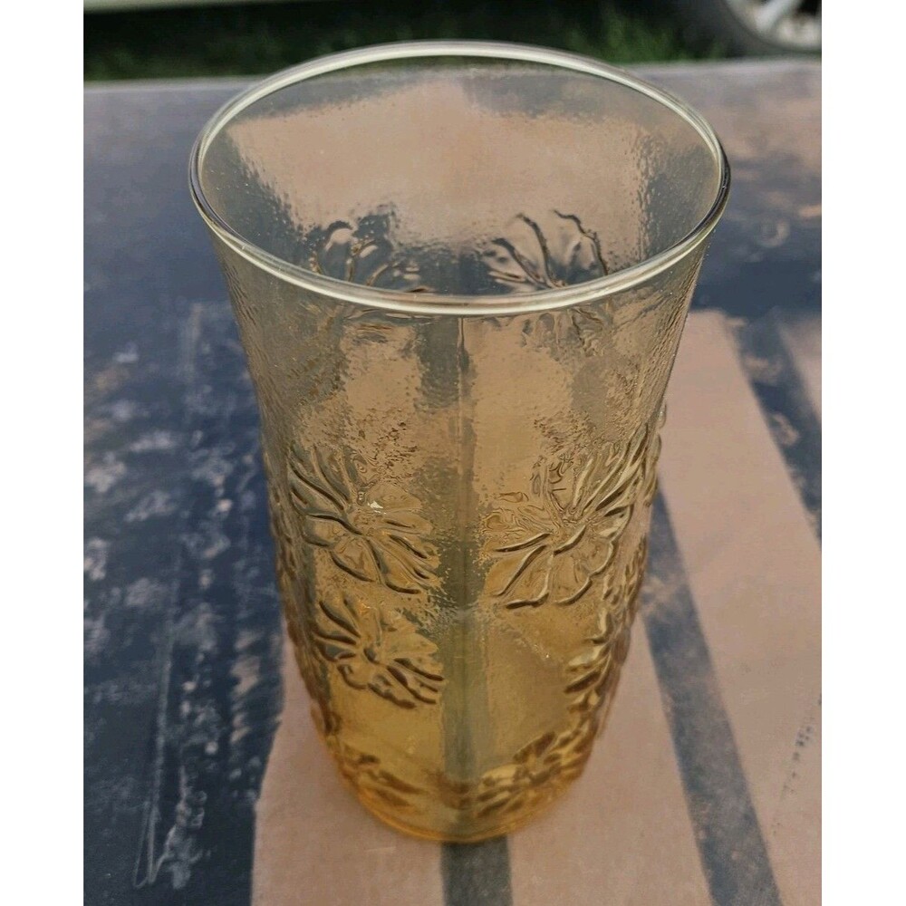 Vintage Anchor Hocking Amber Floral Glass Vase Tumbler Daisy Pattern Retro 70s - Picture 2 of 5